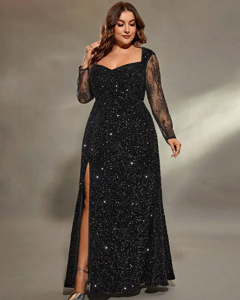 Vestido de Festa Longo com Brilho Manga Longa e Fenda Lateral Elegante