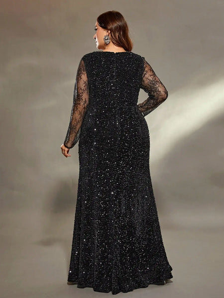 Vestido de Festa Longo com Brilho Manga Longa e Fenda Lateral Elegante