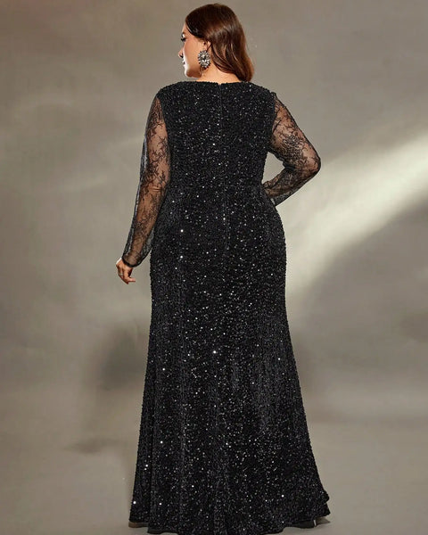 Vestido de Festa Longo com Brilho Manga Longa e Fenda Lateral Elegante