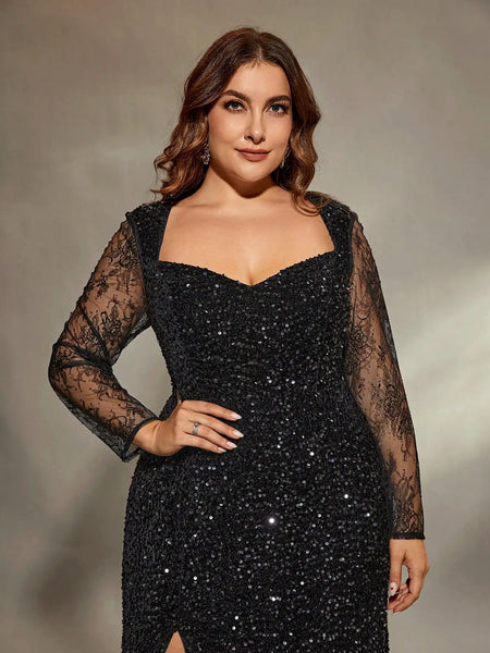 Vestido de Festa Longo com Brilho Manga Longa e Fenda Lateral Elegante