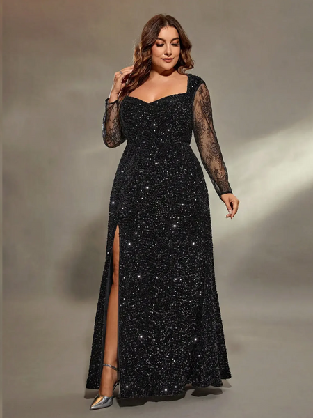 Vestido de Festa Longo com Brilho Manga Longa e Fenda Lateral Elegante