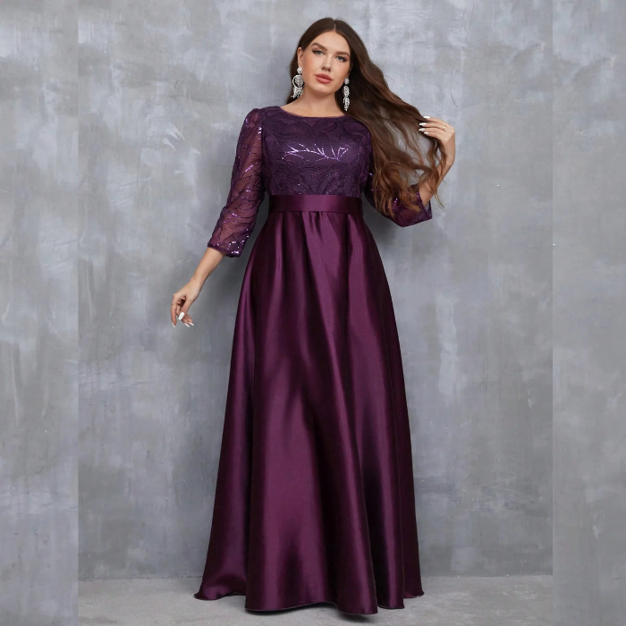 Vestido de Festa Longo com Manga 3/4 em Tule Bordado e Saia Acetinada