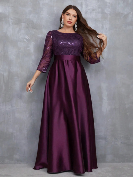 Vestido de Festa Longo com Manga 3/4 em Tule Bordado e Saia Acetinada