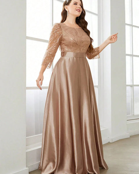 Vestido de Festa Longo com Manga 3/4 em Tule Bordado e Saia Acetinada