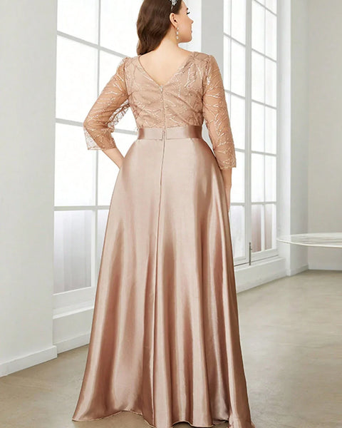 Vestido de Festa Longo com Manga 3/4 em Tule Bordado e Saia Acetinada