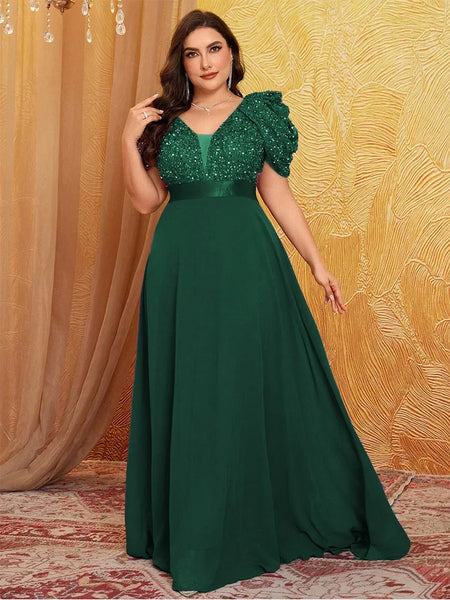 Vestido de Festa Longo com Manga Bufante Bordada e Saia Fluida Elegante