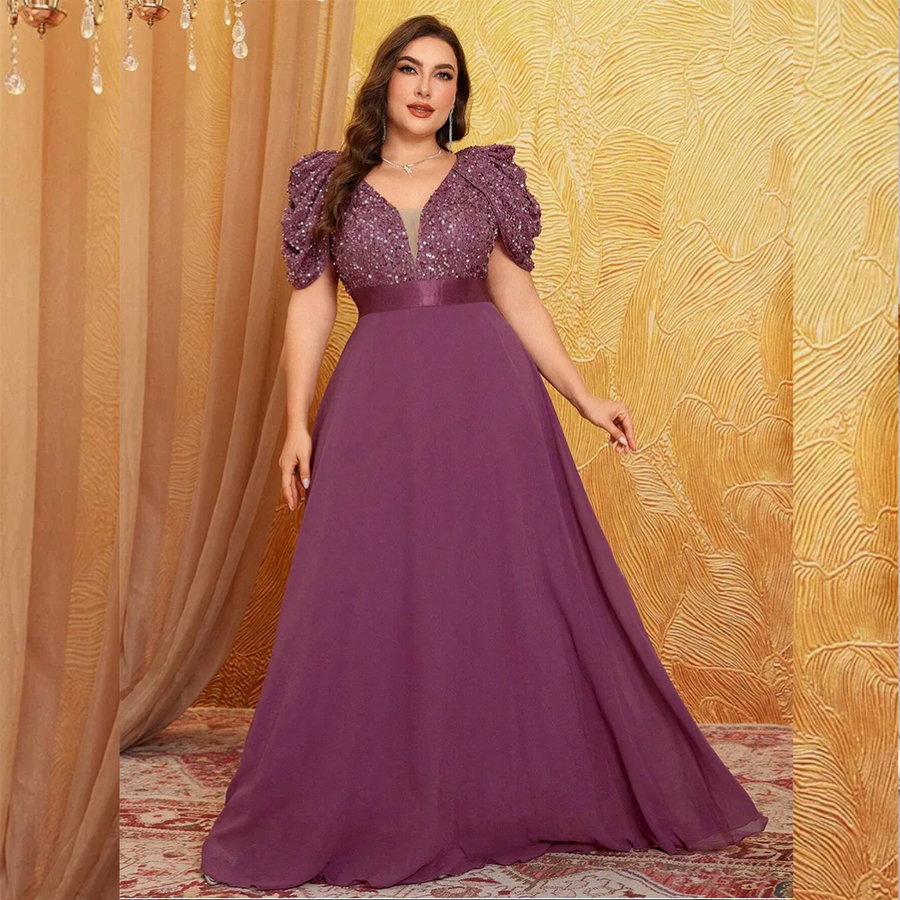 Vestido de Festa Longo com Manga Bufante Bordada e Saia Fluida Elegante