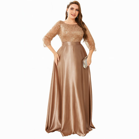 Vestido de Festa Longo com Manga 3/4 em Tule Bordado e Saia Acetinada