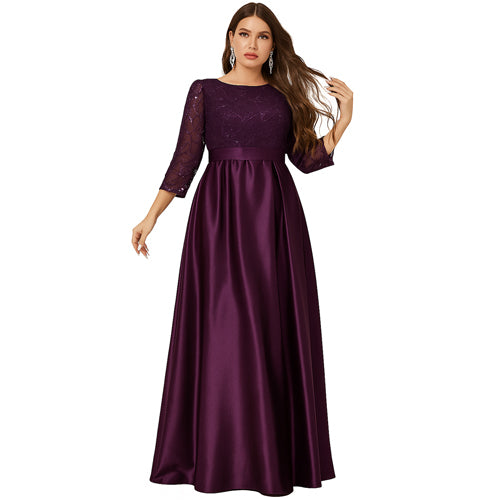 Vestido de Festa Longo com Manga 3/4 em Tule Bordado e Saia Acetinada