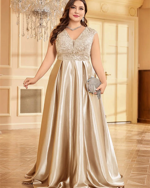 Vestido de Festa Longo com Renda Bordada e Saia em Cetim Acetinado