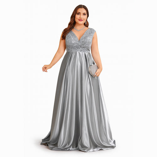 Vestido de Festa Longo com Renda Bordada e Saia em Cetim Acetinado