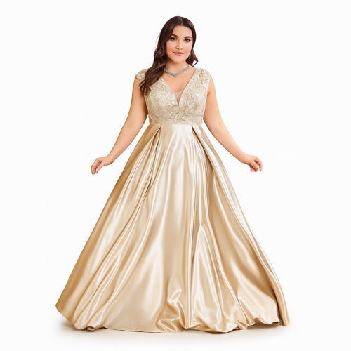 Vestido de Festa Longo com Renda Bordada e Saia em Cetim Acetinado