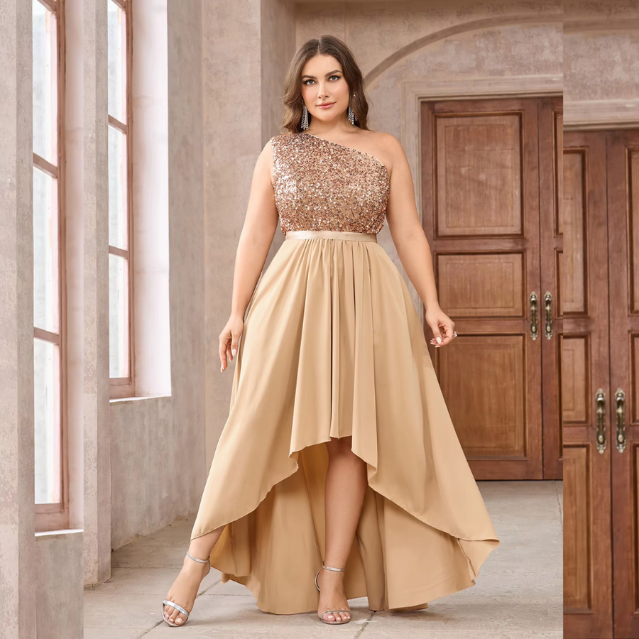Vestido de Festa Plus Size Um Ombro Só com Paetês e Saia Mullet