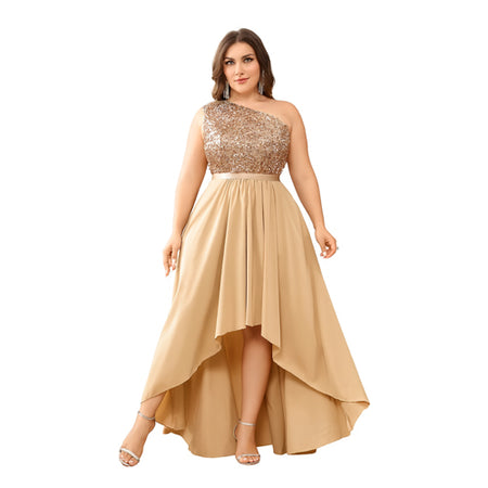 Vestido de Festa Plus Size Um Ombro Só com Paetês e Saia Mullet