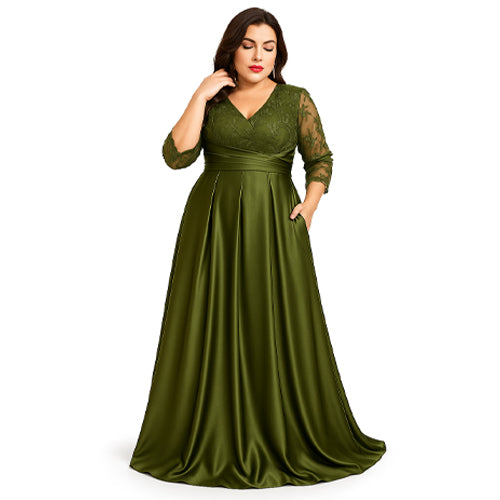 Vestido de Festa Plus Size Verde Musgo com Renda e Manga 3/4 Elegante