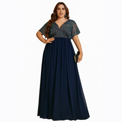 Vestido de Festa Plus Size com Brilho e Saia Longa em Chiffon